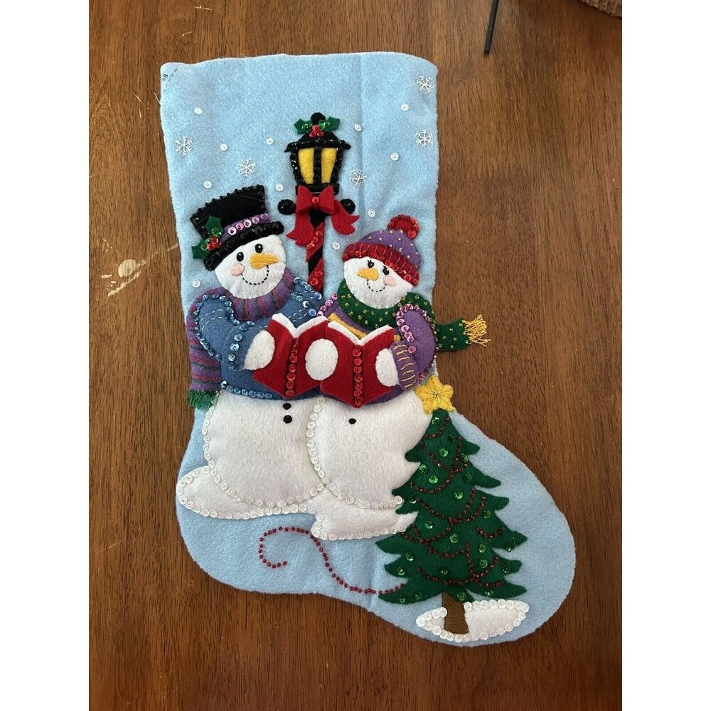 Completed Bucilla Felt Christmas Stocking Kit  "Snow Family Caroling” 18"